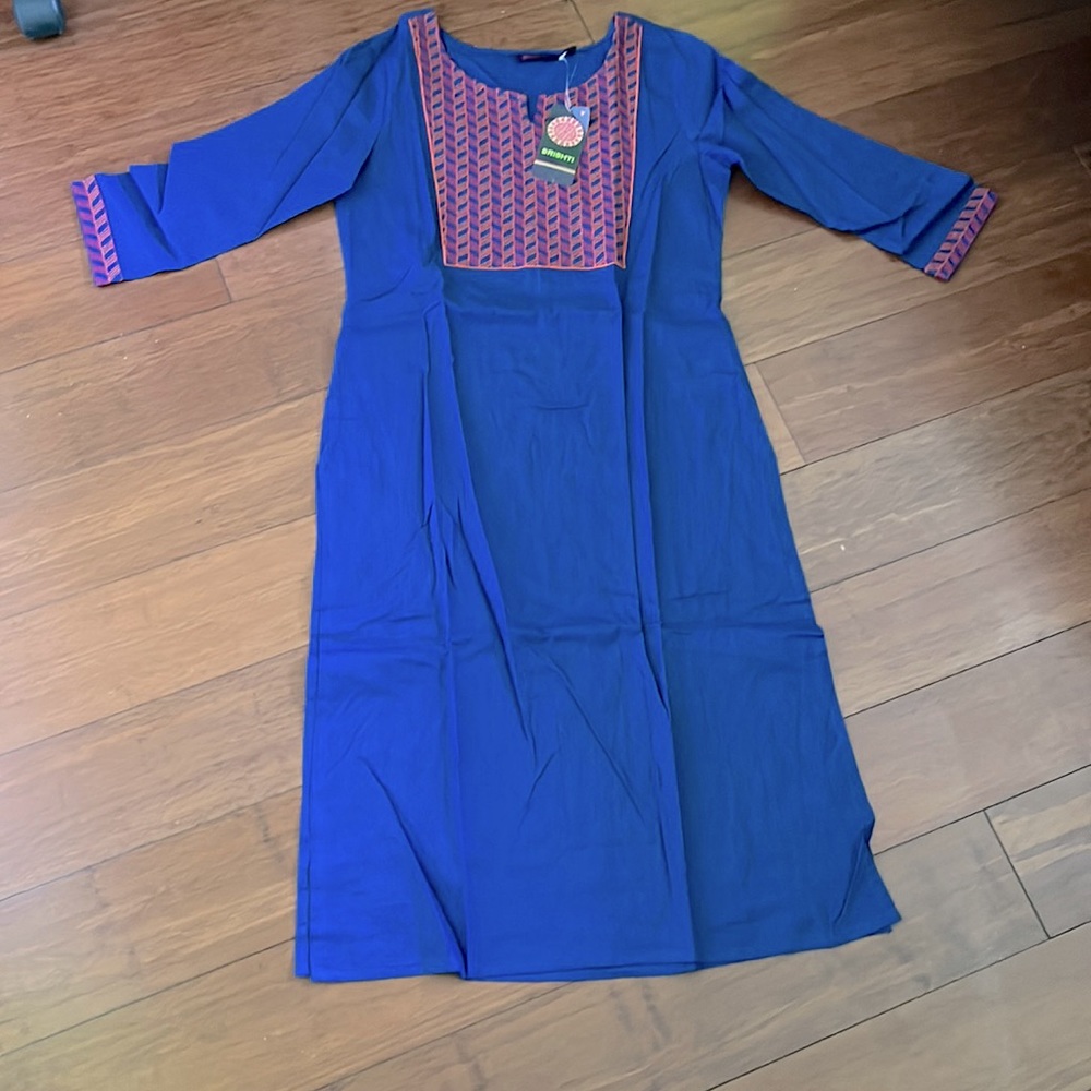 Embroidered blue kurti kurta small Indian tunic top 3/4 sleeve